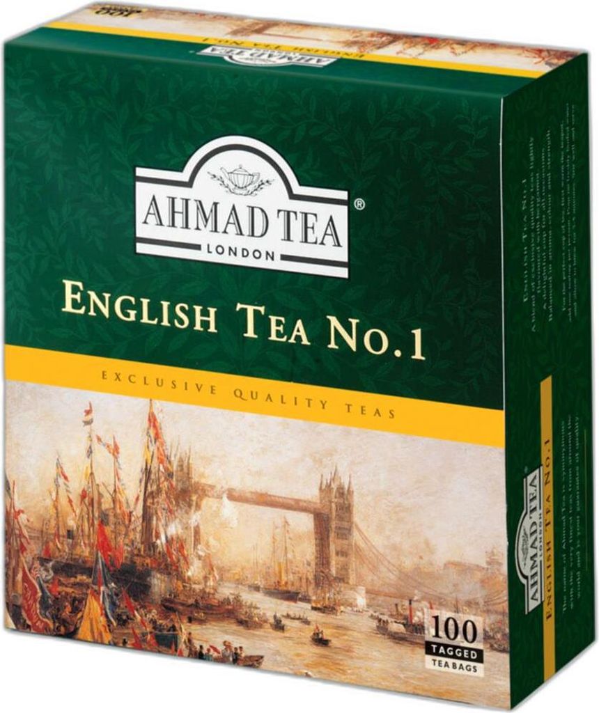 A box of Ahmad Tea English Tea No.1, featuring a painting of Tower Bridge and ships.