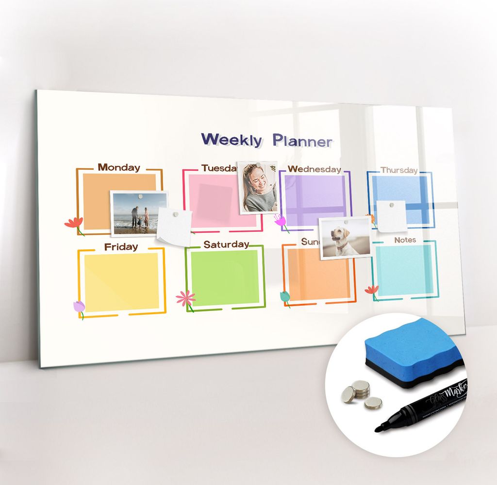 Magnetpinnwand Memoboard - Zubehörsatz - Schwarzer Marker + Schwamm + Magnete - 120 x 60 cm - Wochenplaner