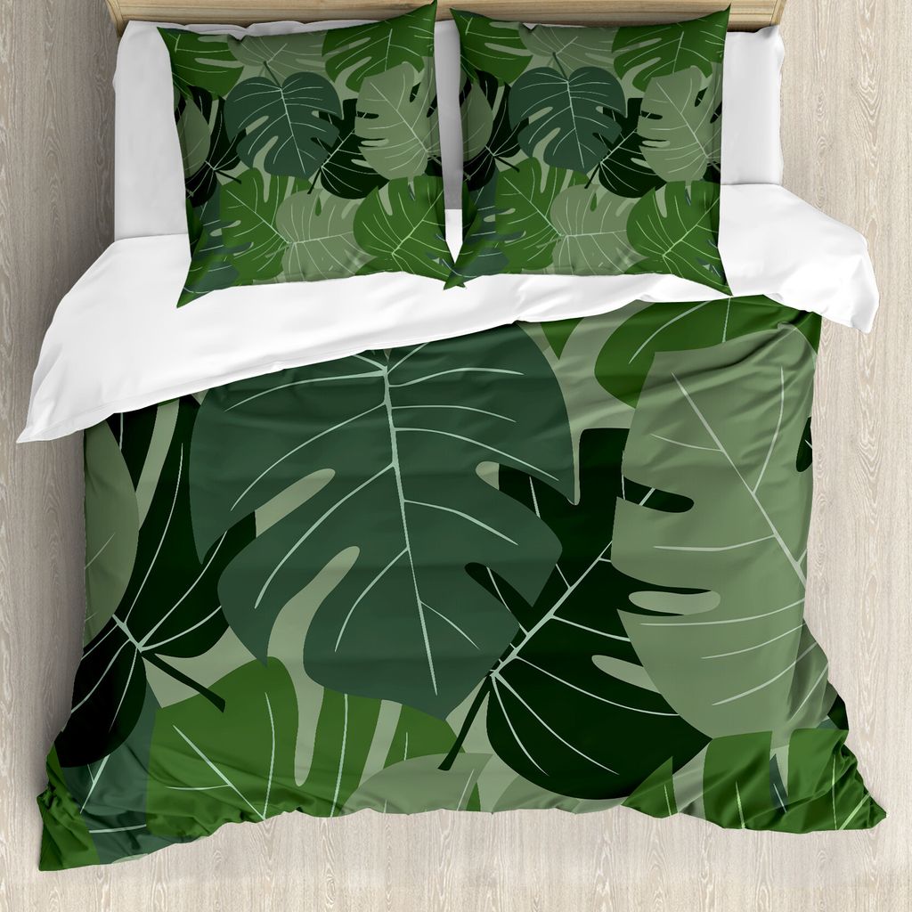 ABAKUHAUS Waldgrün Bettbezug, Camo Palmblätter, Milbensicher Allergiker geeignet mit Kissenbezügen, 155 cm x 220 cm - 80 x 80 cm, Weises Grün H...