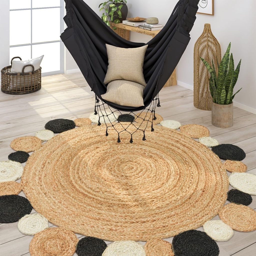 Jute Teppich Boho wendbar schmutzabweisend Creme Rund 100D | 100% Jute, Rücken aus Jute | Florhöhe: 5 mm | pflegeleicht