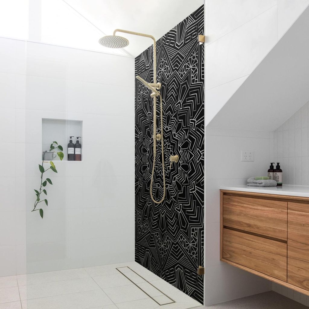 Duschrückwand Spirituell selbstklebend - 0.61 mm Wandpaneel wasserfest Ornament silber Illustration Badrückwand fugenlos Premium matt 90x200 cm