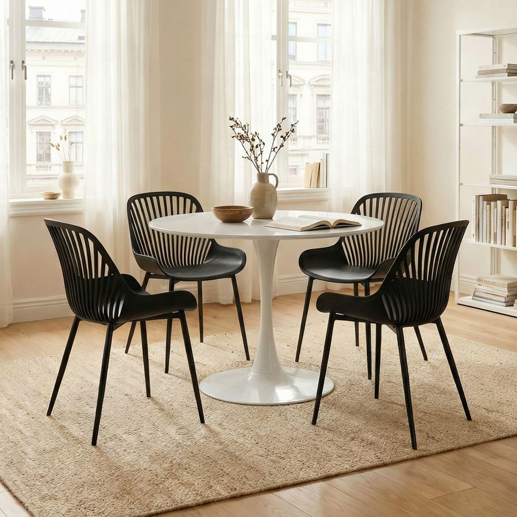 Essgruppe LOIRE/VERDE mit Tisch und 4 Stühlen, Weiß/Schwarz - Esstisch rund 100 cm mit robustem Tulpenfuß, Esszimmermöbel Set, ideal für klein...