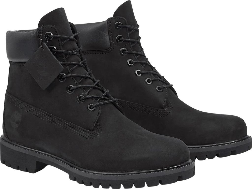A pair of black Timberland boots.