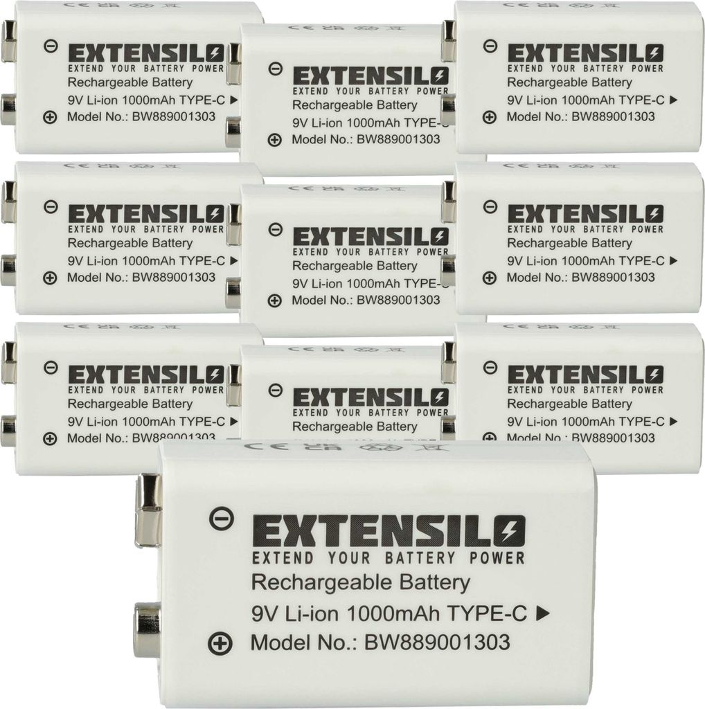 EXTENSILO 10x 9V-Akku Block für diverse Geräte (1 Ah, 9 V, Li-Ion), ready-to-use, mit USB-C Buchse