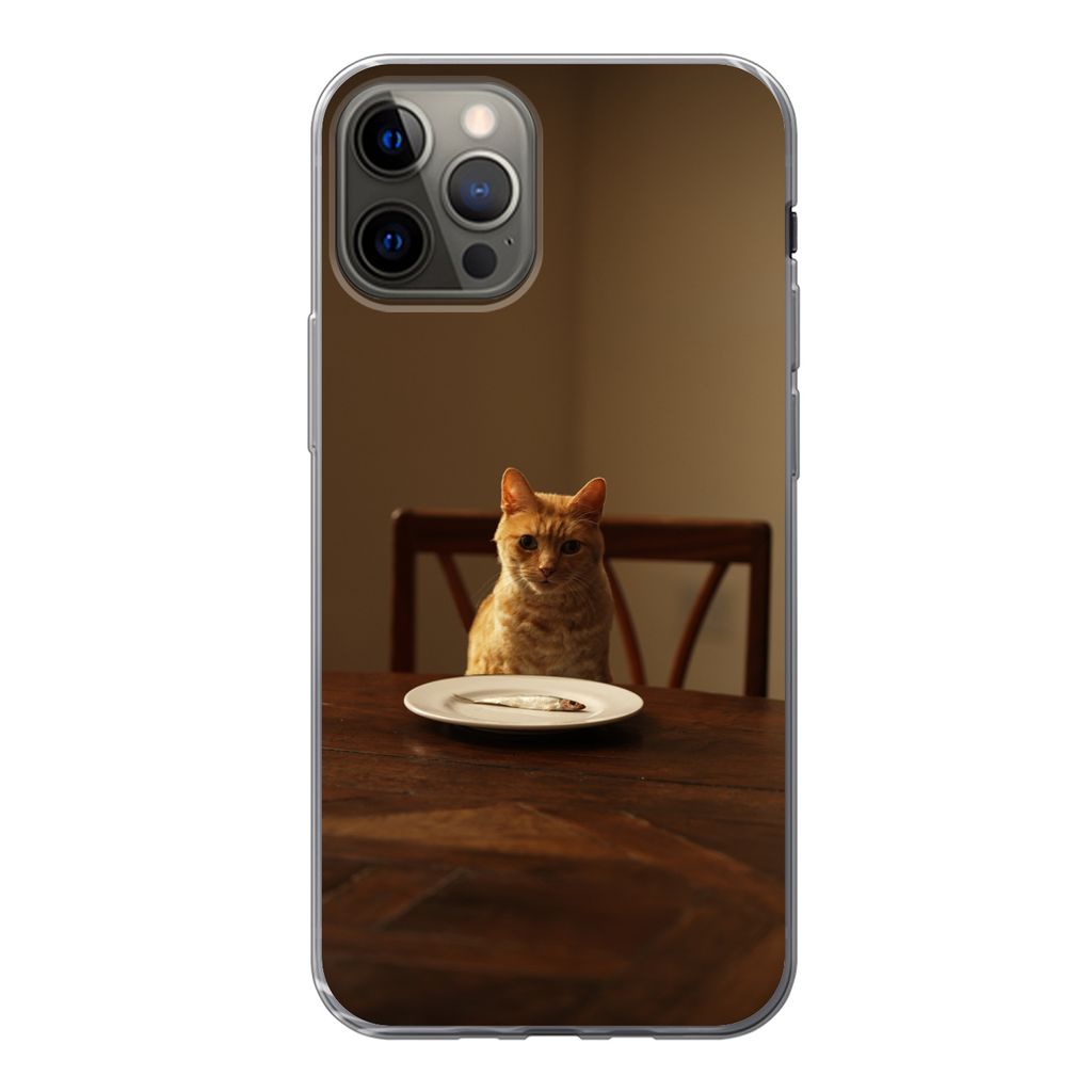 MuchoWow Handyhülle Schutzhülle Hülle für iPhone 12 Pro Katze - Esstisch - Teller Silikon Softcase Handy Hülle - Abdeckung