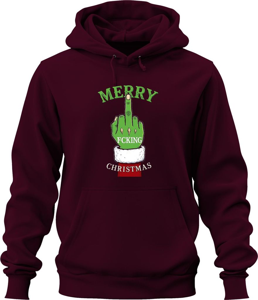 Merry Fcking Christmas Grinch Mittelfinger frech lustig böse Uni Hoodie Kapuzenpullover, Burgundy, 3XL