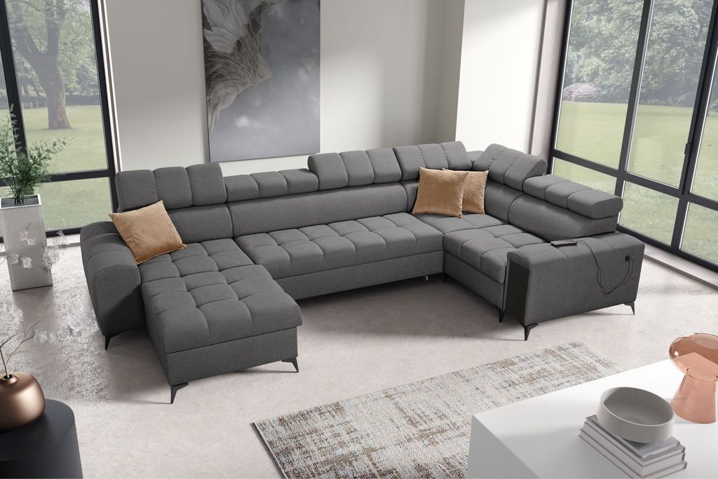 Großes Sofa für Wohnzimmer Eckcouch Wohnlandschaft GREKO IV MINI Grau Stoff AVRA 17 Ottomane Links IM SOFA