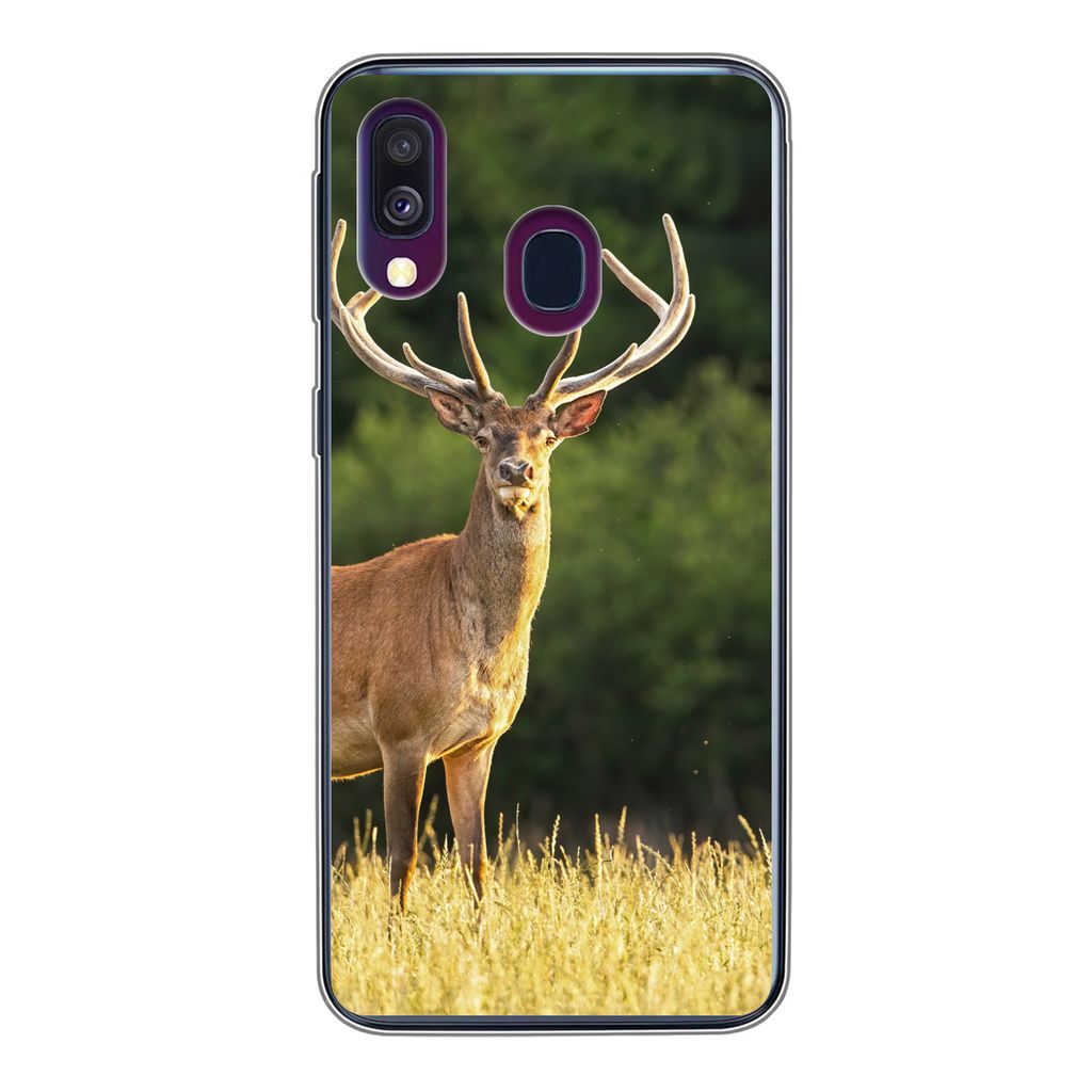 MuchoWow Handyhülle Schutzhülle Hülle für Samsung Galaxy A40 Hirsch - Geweih - Gras - Natur - Tiere - Grün Silikon Softcase Handy Hülle - H...