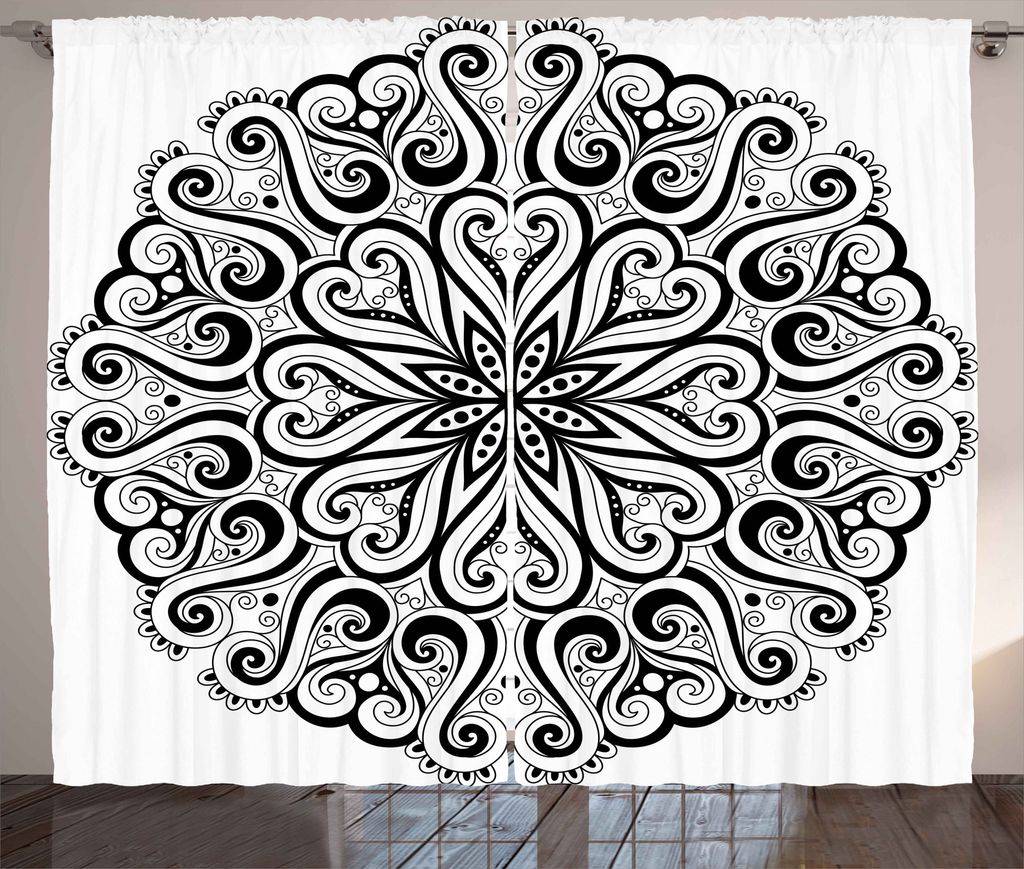 ABAKUHAUS Mandala Rustikaler Gardine, Eastern Cosmos, Schlafzimmer Kräuselband Vorhang mit Schlaufen und Haken, 280 x 175 cm, Weiß Schwarz