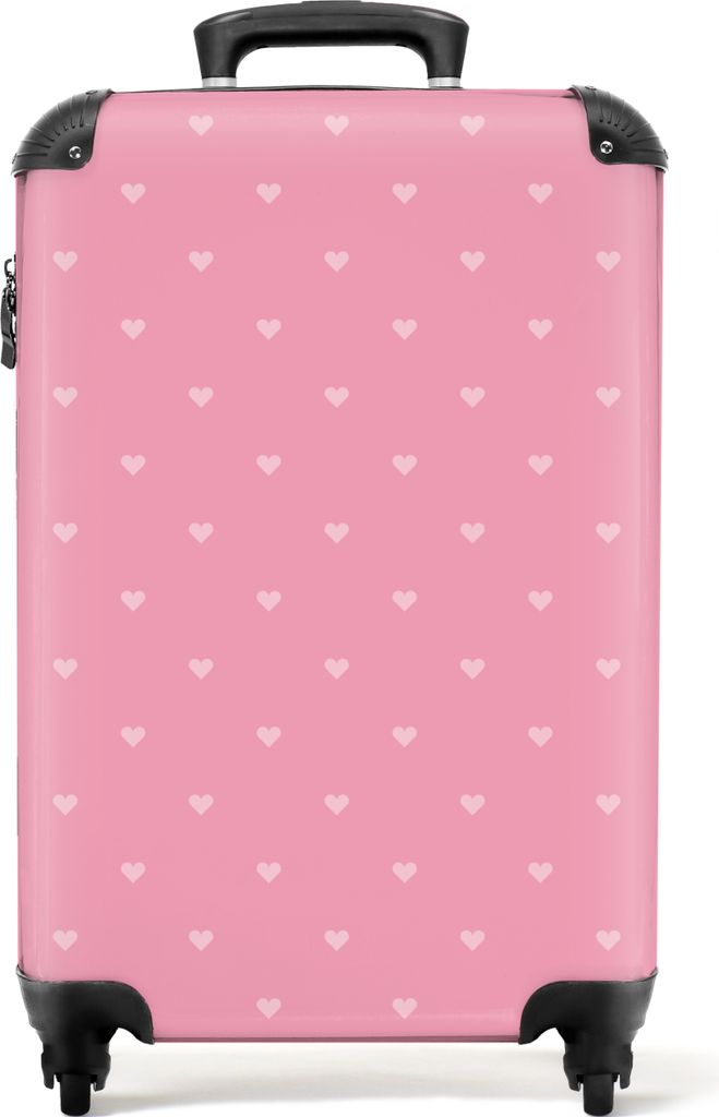 NoBoringSuitcases.com Koffer Handgepäck Trolley Rollkoffer Kleine Reisekoffer mit 4 Rollen - Rosa - Herzen - Muster - Cabin Size < 55x40x23 cm &...