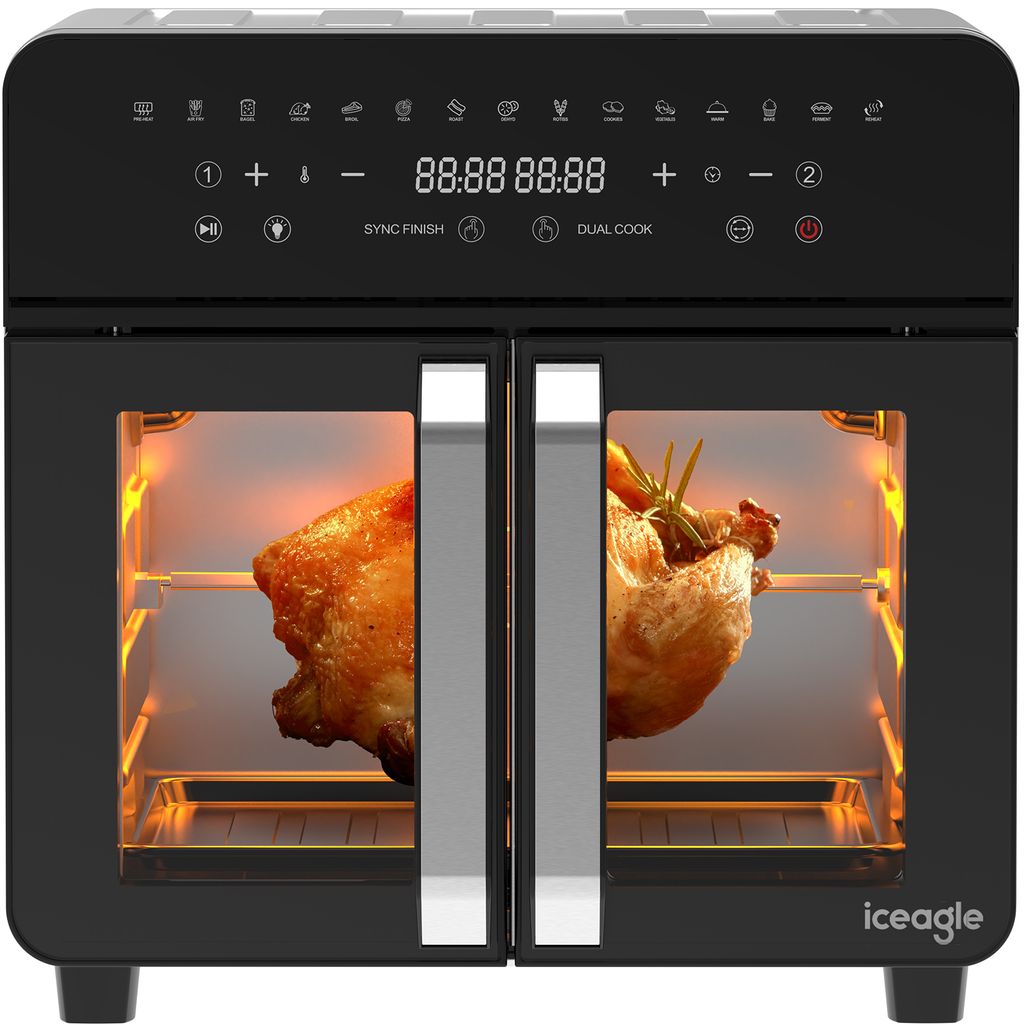 A black air fryer oven with two doors, each revealing a roasted chicken inside, lit by internal lights.