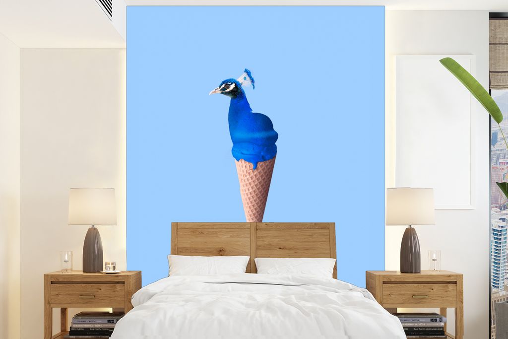 MuchoWow Fototapete für Wohnzimmer oder Schlafzimmer Wandtapete Vinyl Motivtapete Pfau - Eistüten - Eiscreme - Blau - Vogel - 205x280 cm - Wand...