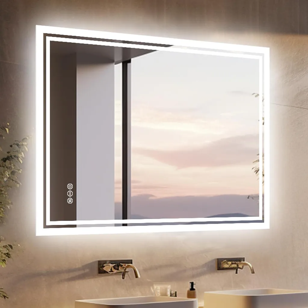 Vrygle Specchio da bagno LED con illuminazione a 3 colori: 90 × 70 cm specchio smart per bagno con interruttore touch, antiappannamento, montaggio ver