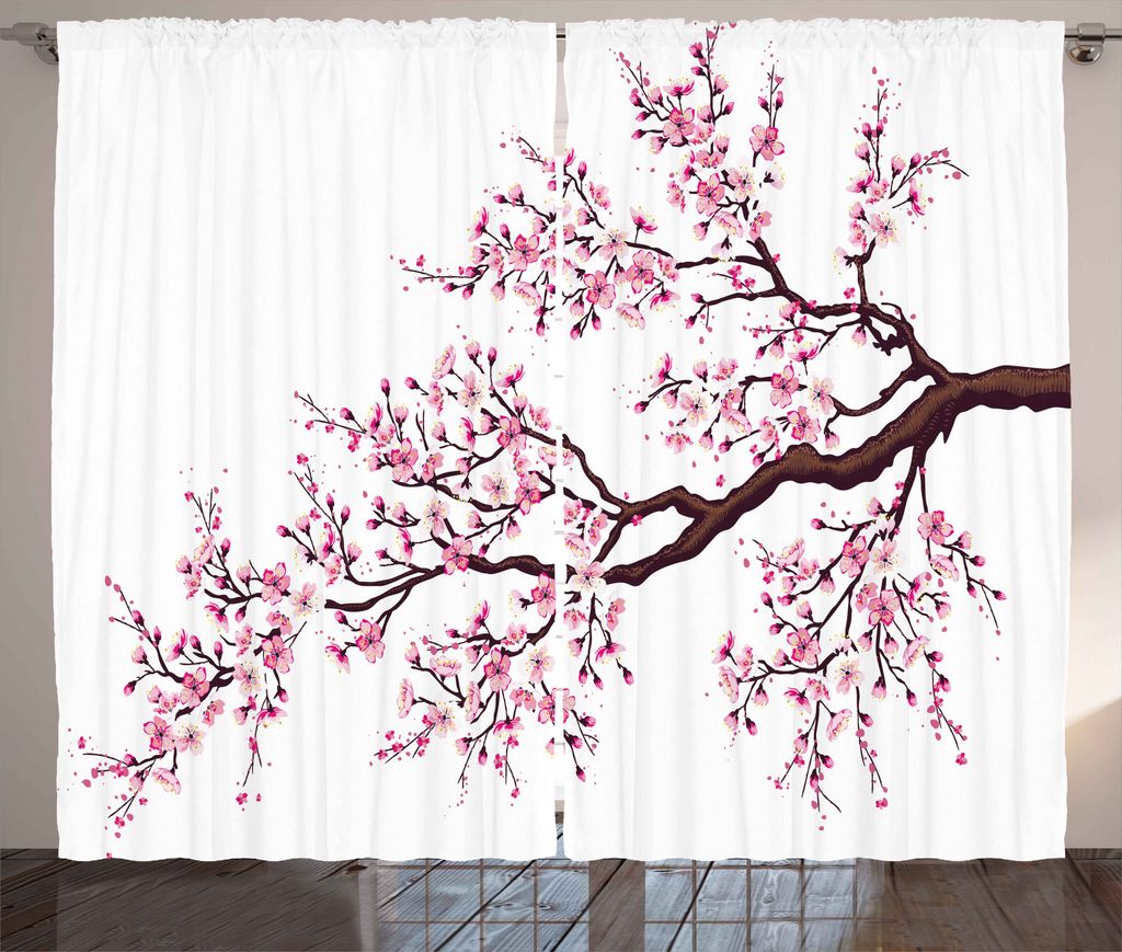 ABAKUHAUS japanisch Rustikaler Vorhang, Sakura Branch Blüten, Wohnzimmer Universalband Gardinen mit Schlaufen und Haken, 280 x 225 cm, Dunkelbraun...