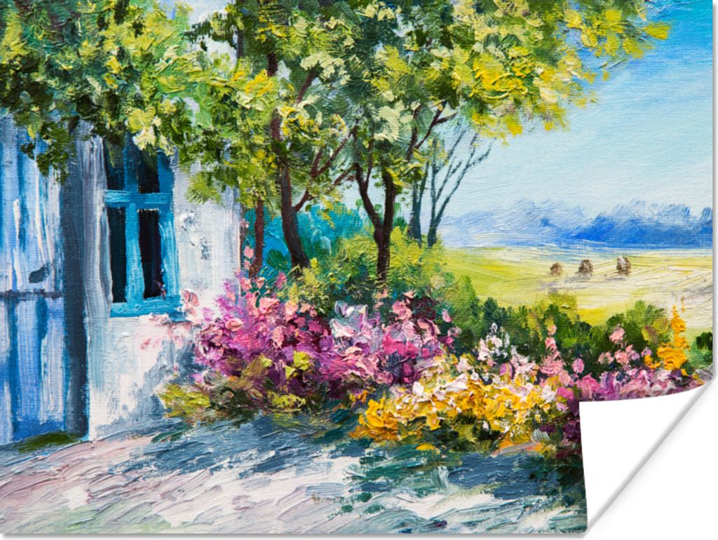 MuchoWow Poster Gemälde - Pflanzen - Blumen - Haus - Öl 120x90 cm - Wandbild