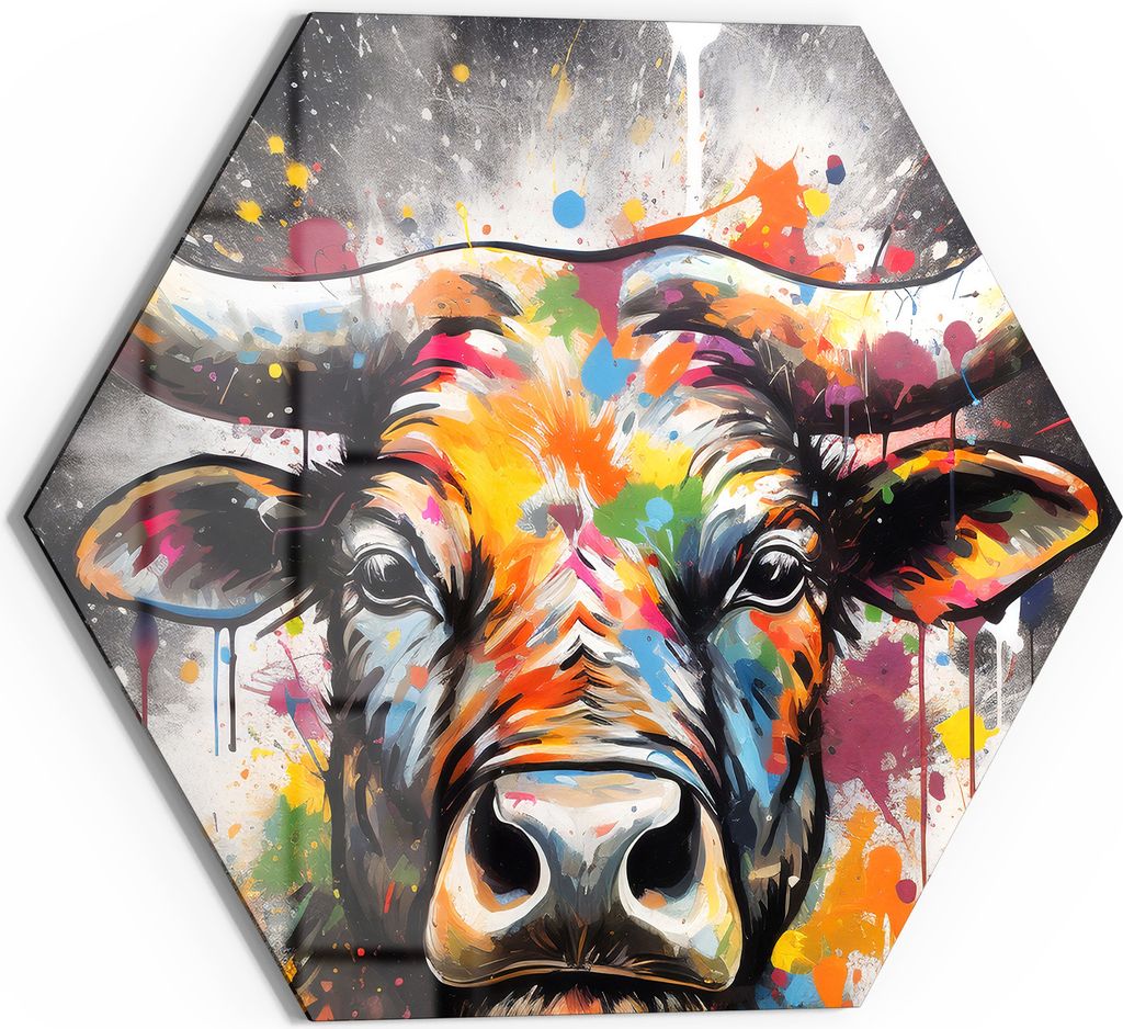 DEQOART Glasbild Echtglas 55x48 cm 'Farbenfrohe Stierkraft' Wandbild Bild modern Deko