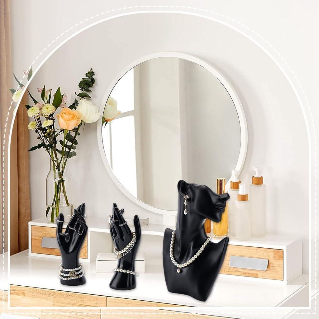 Schmuck Mannequin Display Set - Schwarzes Harz Seitenkörper Modell Büste Form mit Kunststoff Hand Armband Ketten Ring Ständer - 3 Stück