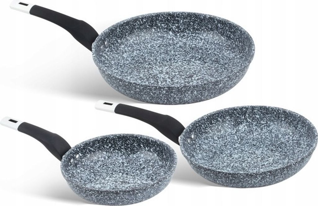 Three frying pans of different sizes are arranged diagonally on a white background.
