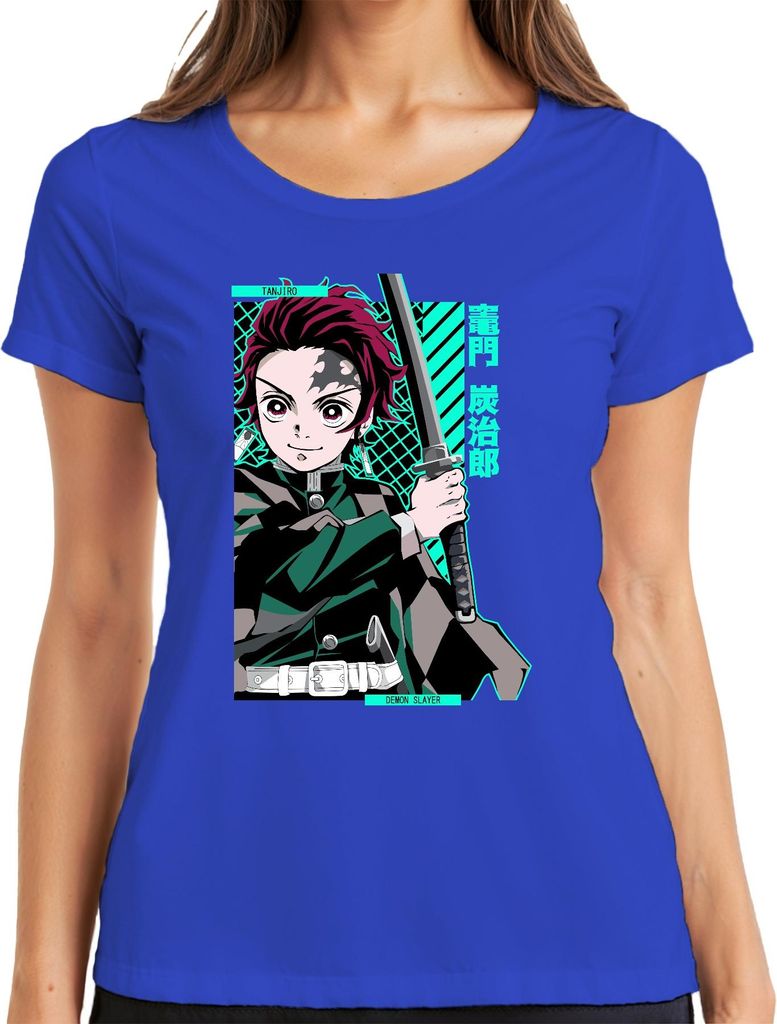 Tanjiro Demon Slayer Kamado Schwert Anime Manga Geschenk Cosplay Damen T-Shirt, Blau, S