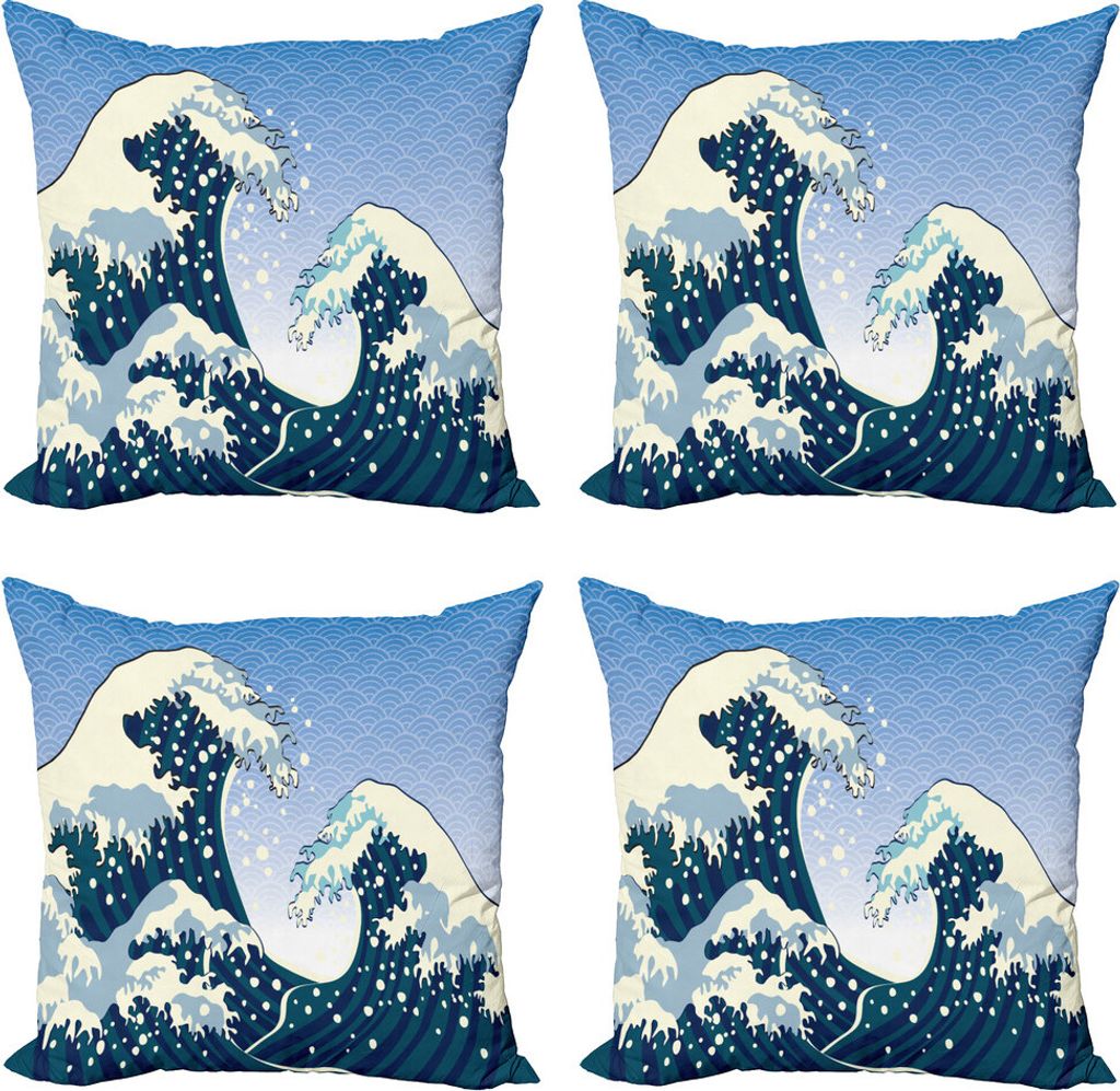 ABAKUHAUS japanische Welle Kissenbezug Set (4 Stück), Ozean-Wind-Kunst, Moderner Doppelseitiger Digitaldruck, 50 cm x 50 cm, Teal Blau Weiß