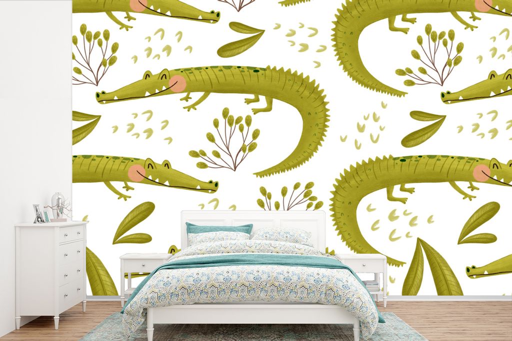 MuchoWow Fototapete für Wohnzimmer oder Schlafzimmer Wandtapete Vinyl Motivtapete Krokodil - Weiß - Muster - 390x260 cm - Papiertapete