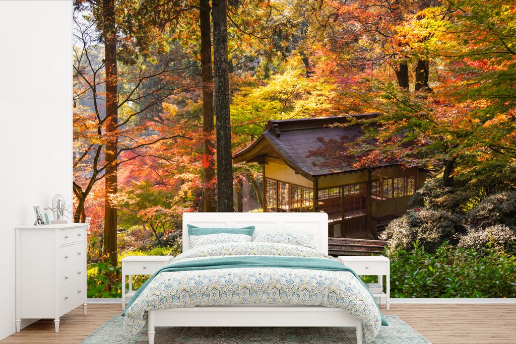 MuchoWow Fototapete für Wohnzimmer oder Schlafzimmer Wandtapete Vinyl Motivtapete Japanische Ahornbäume an einem Pavillon im Wald - 420x280 cm ...