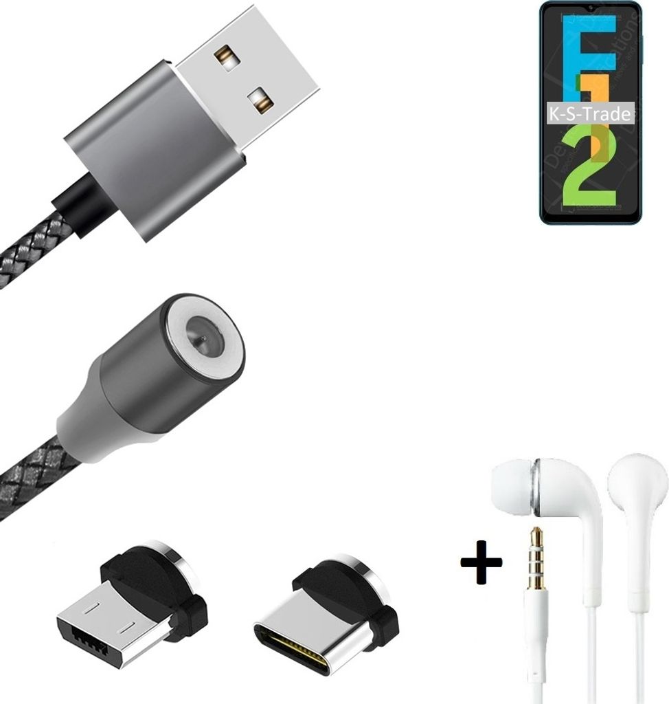 K-S-Trade Hochwertiges Magnet-Lade-kabel Sync-Kabel Daten-Kabel + Kopfhörer kompatibel mit Samsung Galaxy F12 mit USB-Typ-C-Anschluss und
