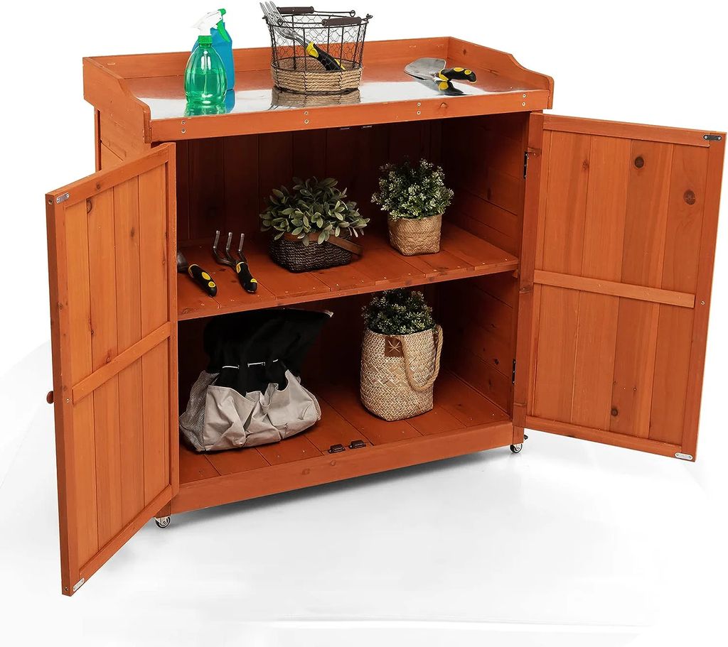GOPLUS Gartenschrank mit 2 Türen, Pflanztisch mit Verzinkter Arbeitsplatte & Abnehmbarem Regal, Wasserdichter & Wetterfester Geräteschrank aus Ta...