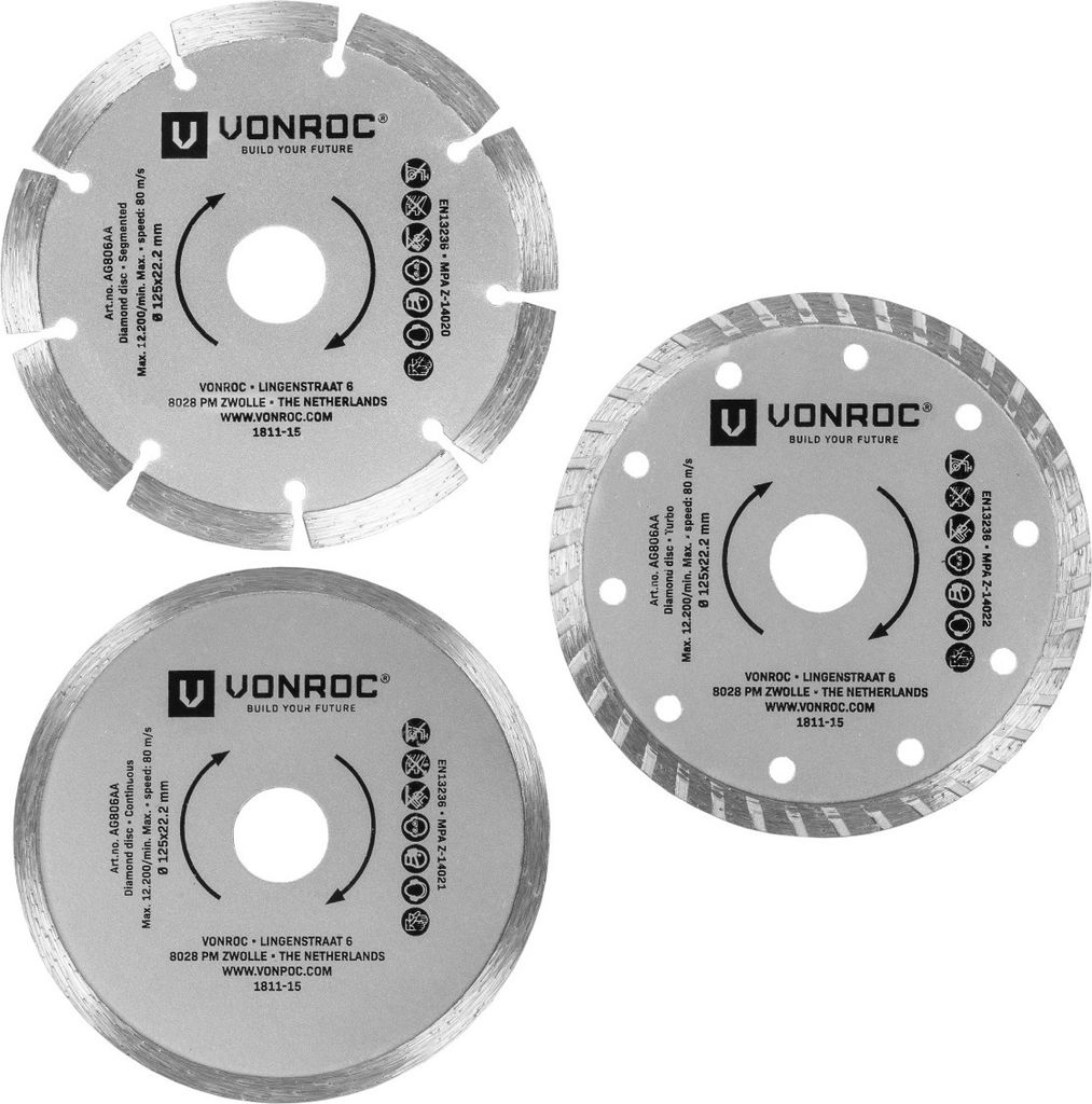 Vonroc Universelles Diamant-Trennscheiben 125mm - Set 3-teilig