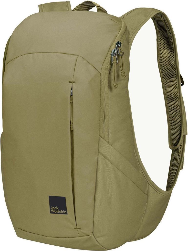 A tan backpack is shown against a white background.