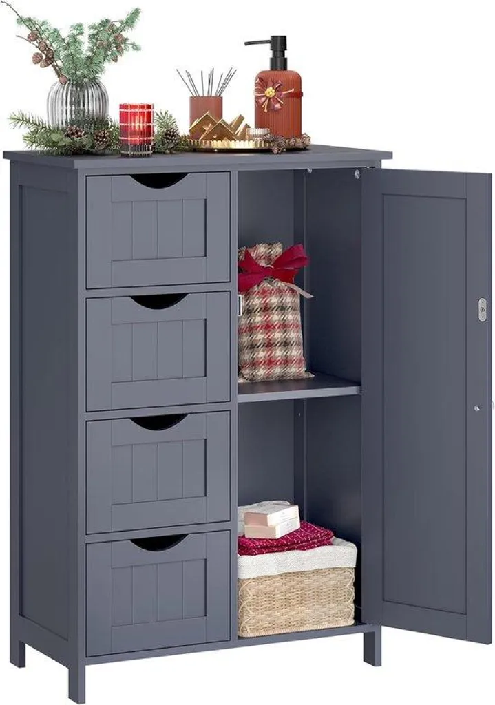 Petite armoire vitrée grise, meuble de rangement avec tiroirs salon
