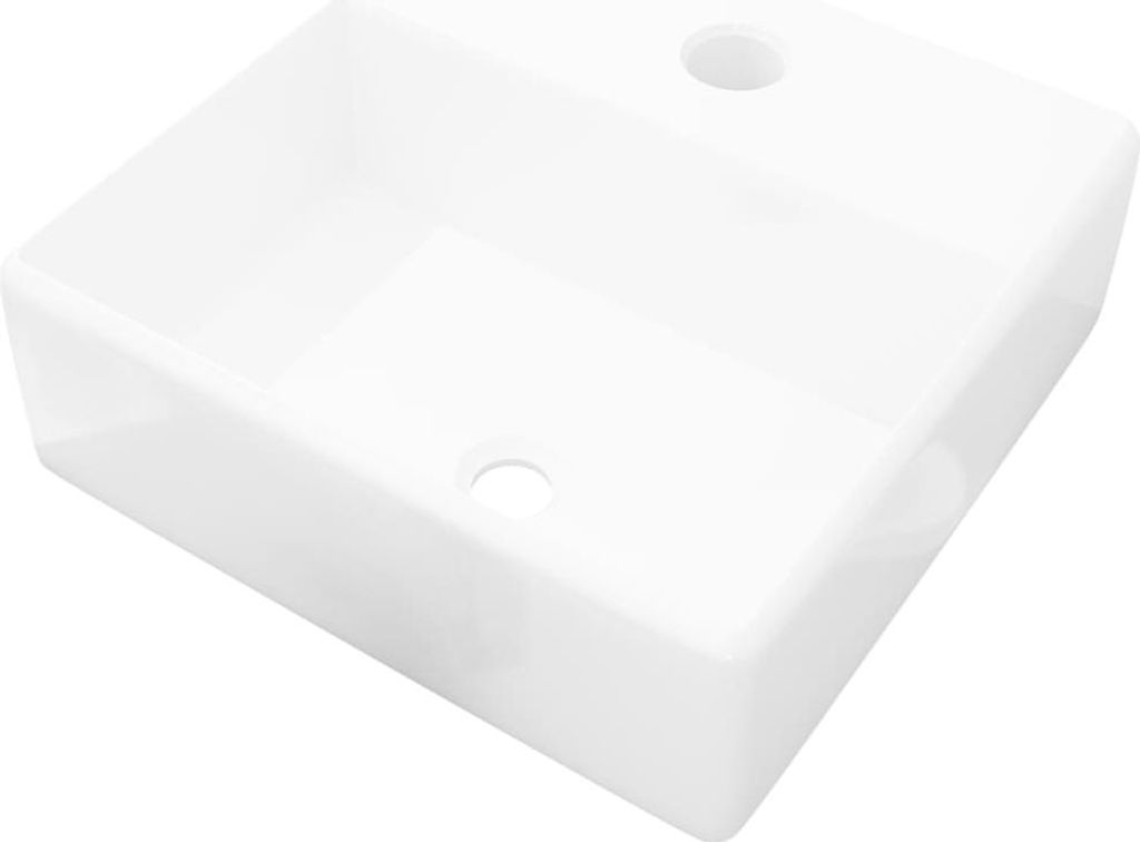 A white ceramic sink with two holes, likely for a faucet and drain, is shown from a slightly elevated angle against a white background.