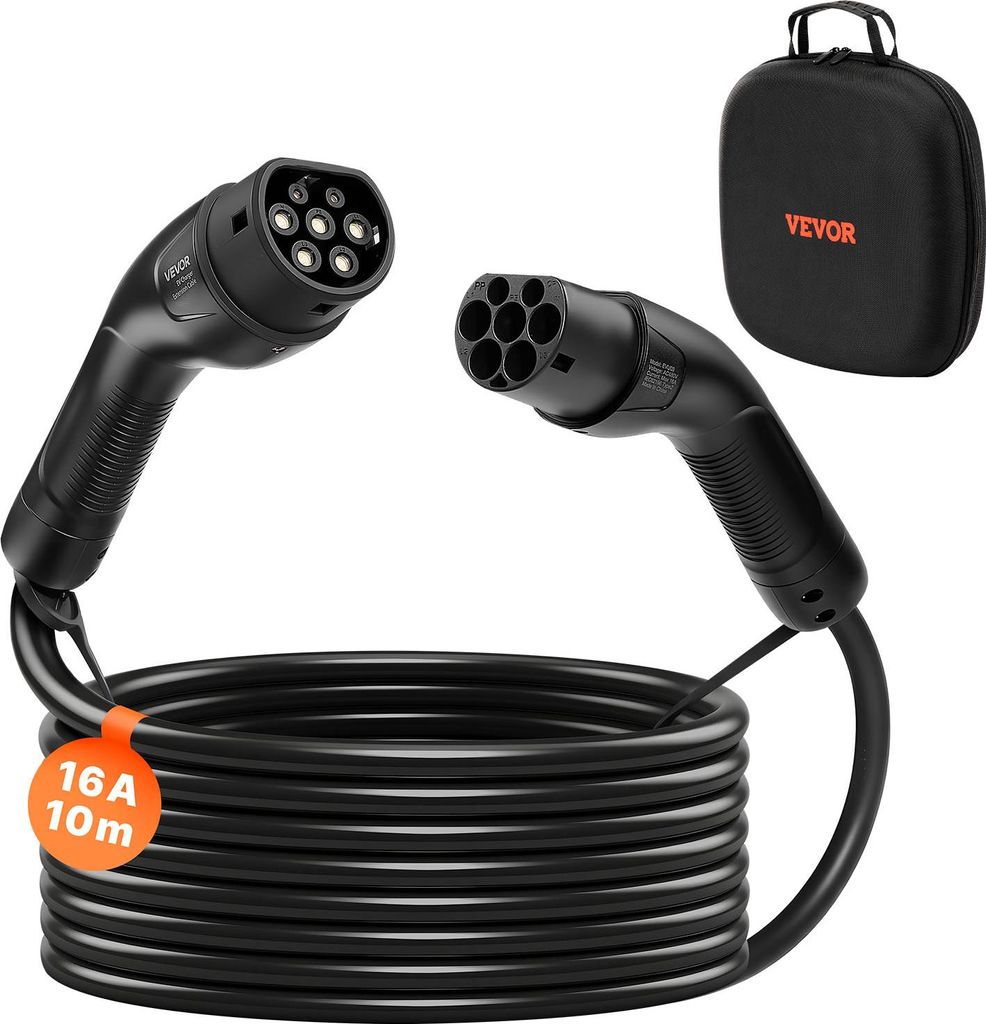 A black electric vehicle charging cable and its carrying case are displayed against a white background.