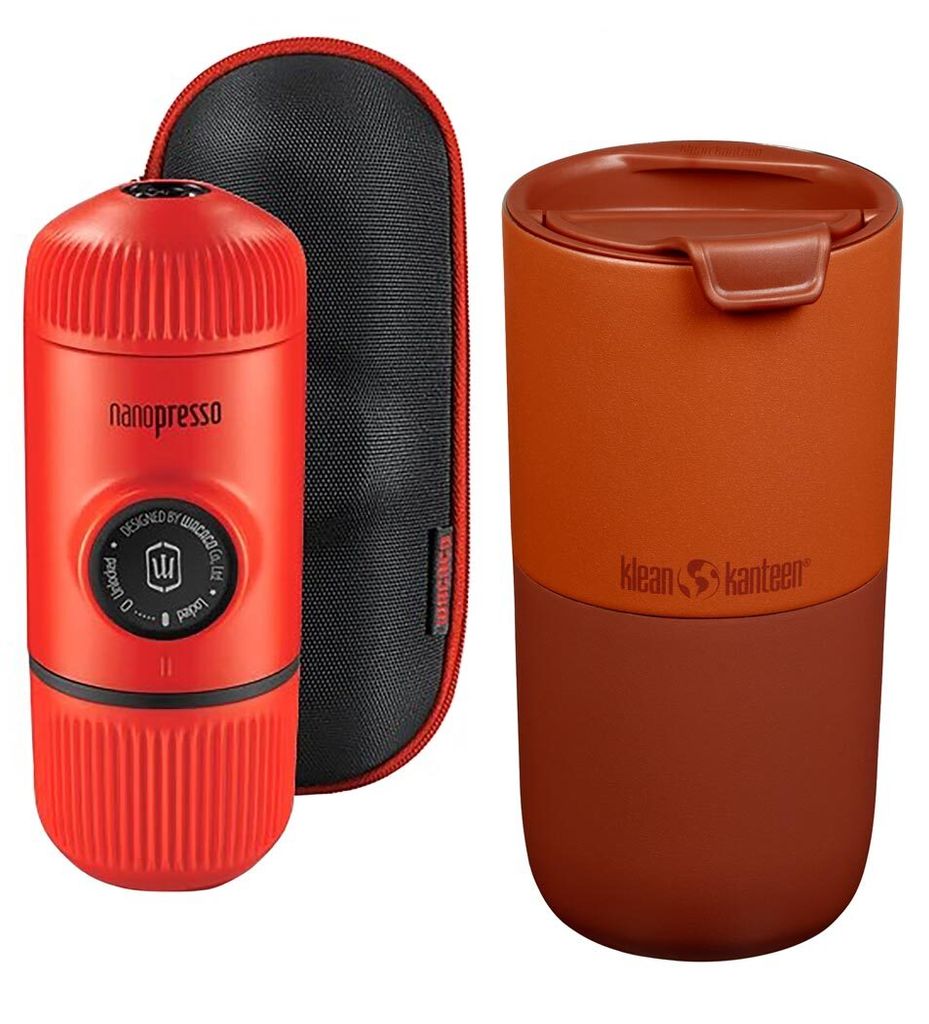 Klean Kanteen Edelstahl Thermobecher Rise Tumbler 473ml + Wacaco Nanopresso tragbare Espressomaschine