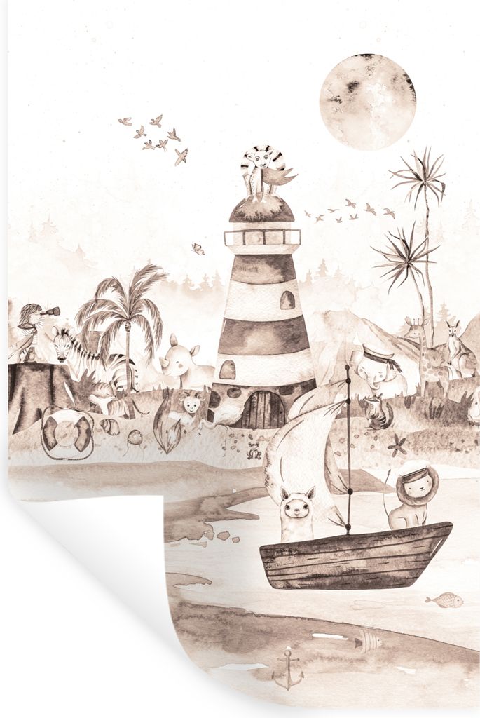 MuchoWow Wandtattoo Wandsticker Wandaufkleber Strand - Kinder - Leuchtturm - Alpaka - Meer - Tiere 80x120 cm Selbstklebend und Repositionierbar -...