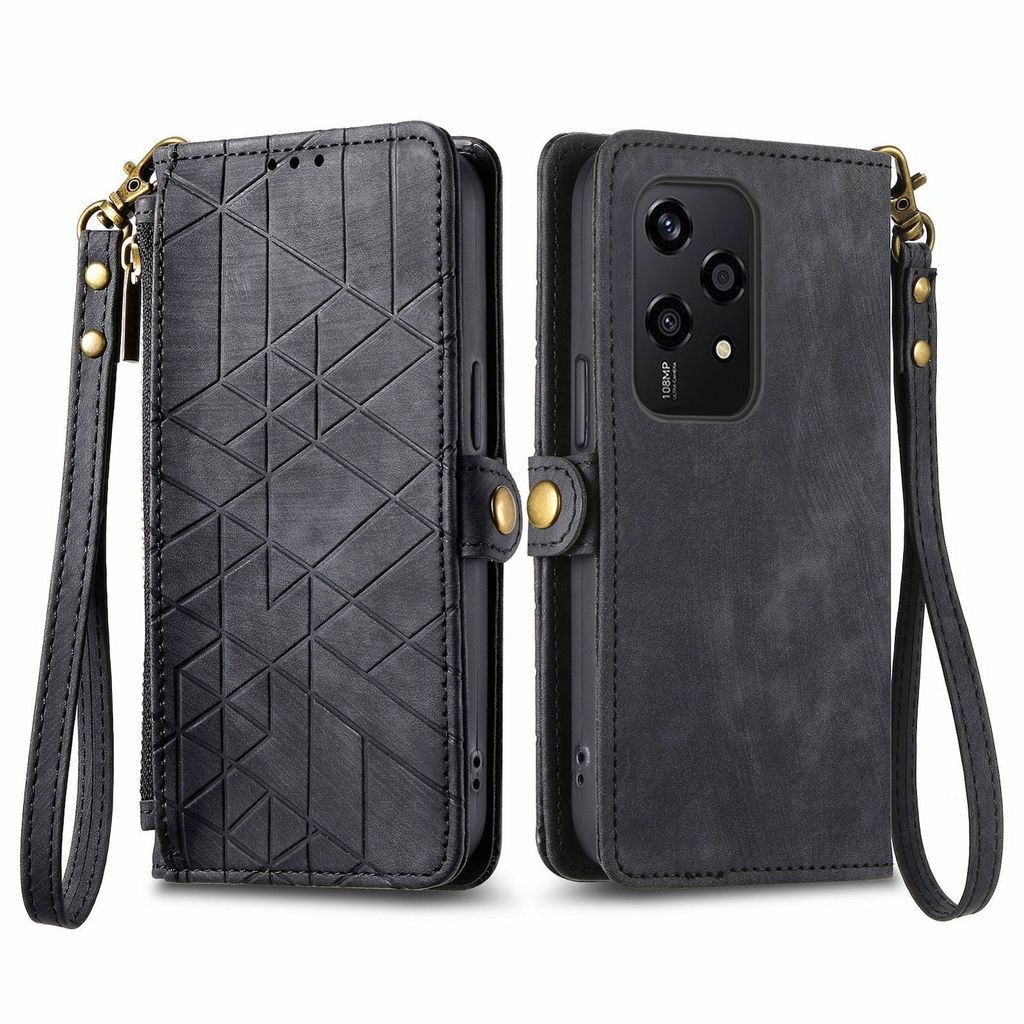 Für Honor 200 Lite Kunstleder Zipper Wallet Tasche mit Schlaufe Schutz Hülle Case Cover Schwarz