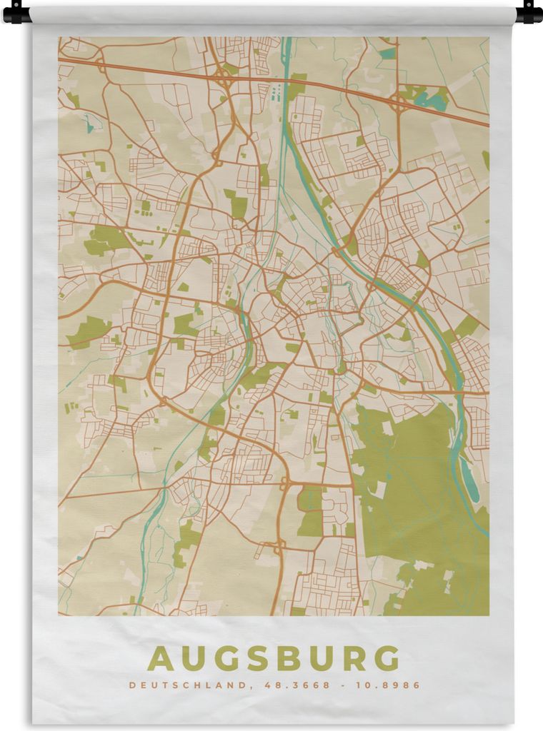 MuchoWow Wandteppich Wandbehang Karte - Augsburg - Karte - Vintage - Stadtplan 60x90 cm Tapisserie Dekoration Wandtuch - Foto-Teppich - Abwaschbar