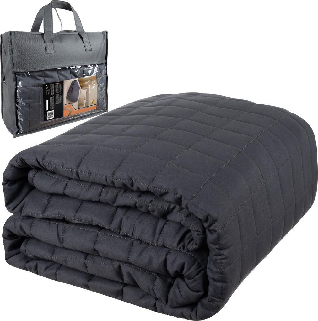 A folded gray weighted blanket is shown next to its storage bag.