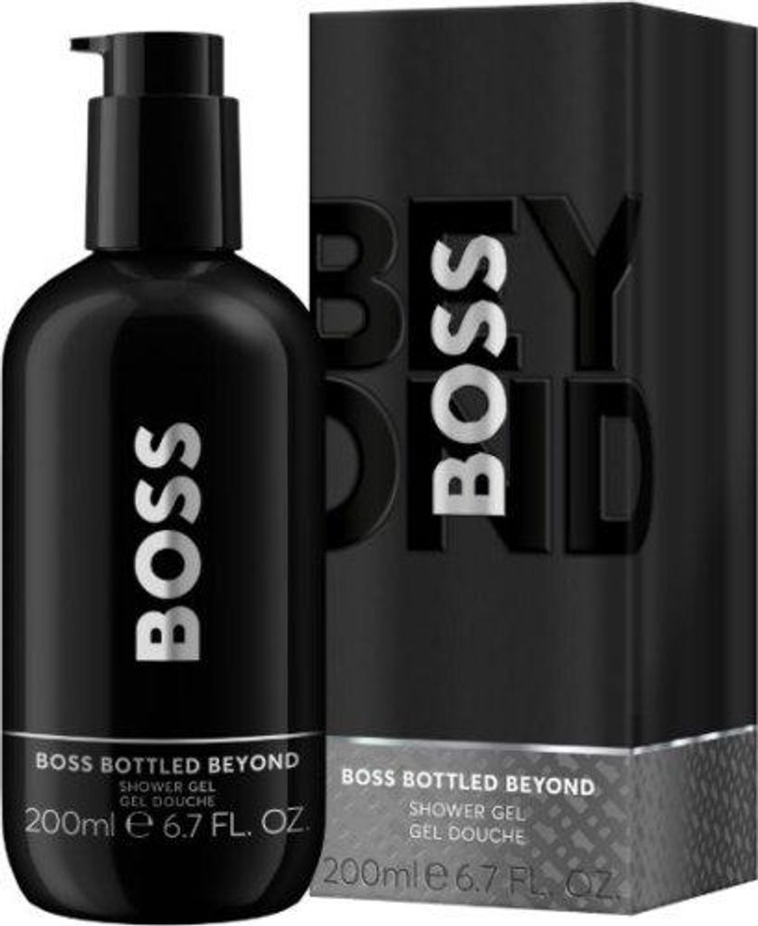 A black bottle of BOSS BOTTLED BEYOND shower gel and its packaging are shown against a black background.