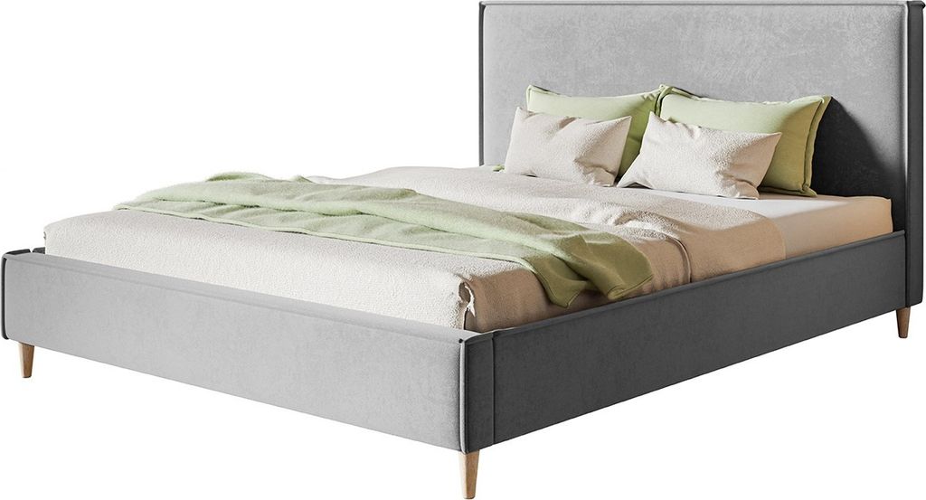 Polsterbett LUX RICO mit Kopfteil, 180 x 200 cm, Doppelbett mit Lattenrost aus Holz, Velourstoff Hellgrau, Füße in Farbe: Braun