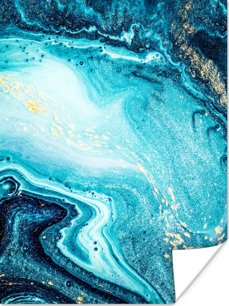 MuchoWow Poster Marmoroptik - Blau - Gold - Luxe - Glitzer - Marmor 30x40 cm - Wandplakat - Poster Kinderzimmer