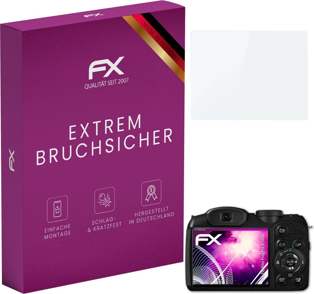 atFoliX FX-Hybrid-Glass Displayfolie kompatibel mit Fujifilm FinePix S1600 Glasfolie