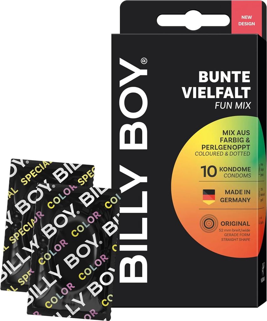 A box of Billy Boy condoms with two individual condom wrappers in the foreground.