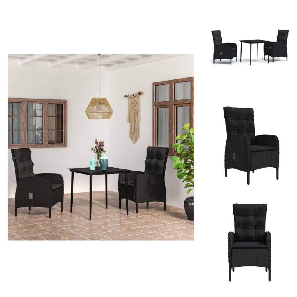 vidaXL 3-tlg. Garten-Essgruppe mit Kissen Schwarz - Gartenmöbel-Sets