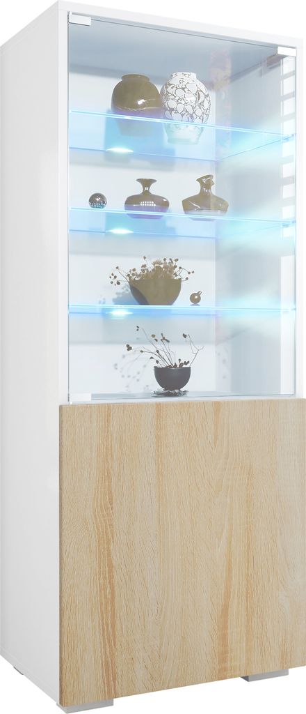 Vladon Vitrine Granada, Germany, Vitrinenschrank mit Glastür und Glaseinsatz inkl. LED, Weiß matt/Eiche sägerau (50 x 122,5 x 34,5 cm)