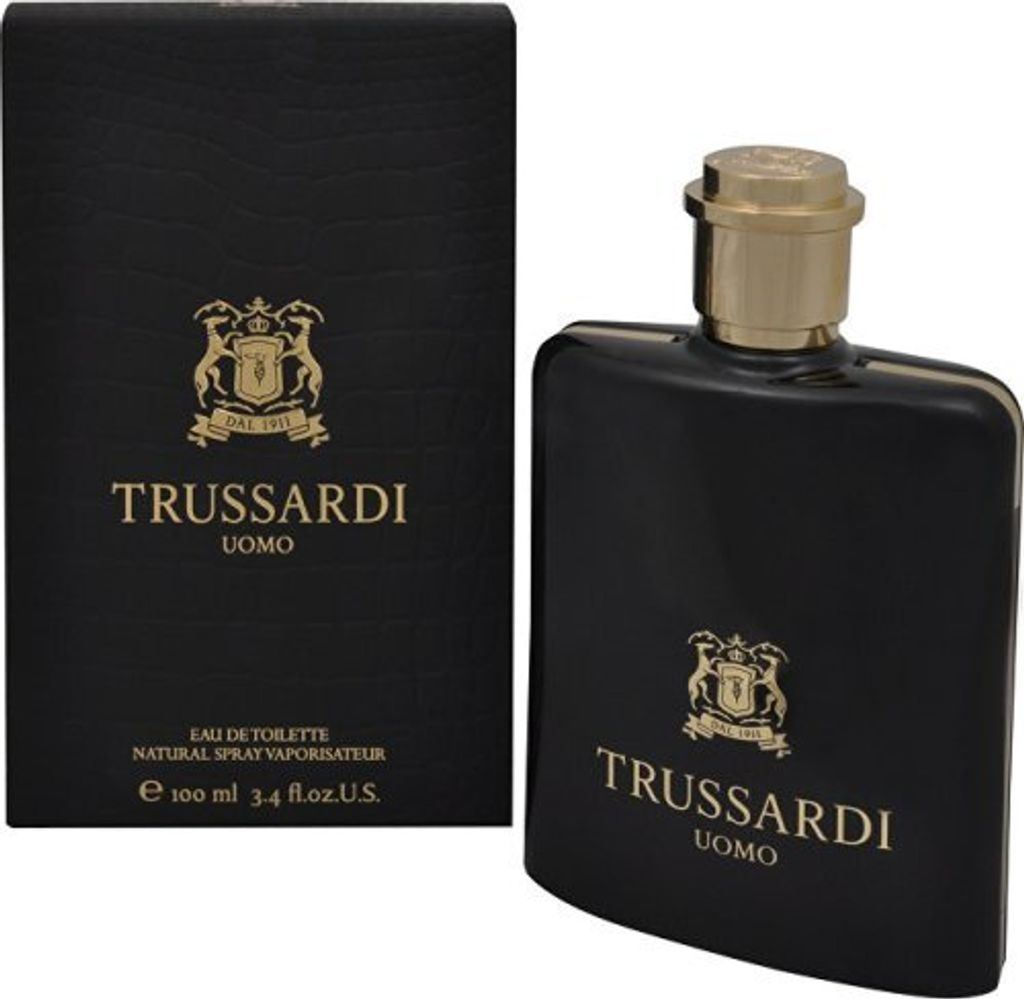 A black bottle of Trussardi Uomo perfume and its packaging are displayed against a white background.