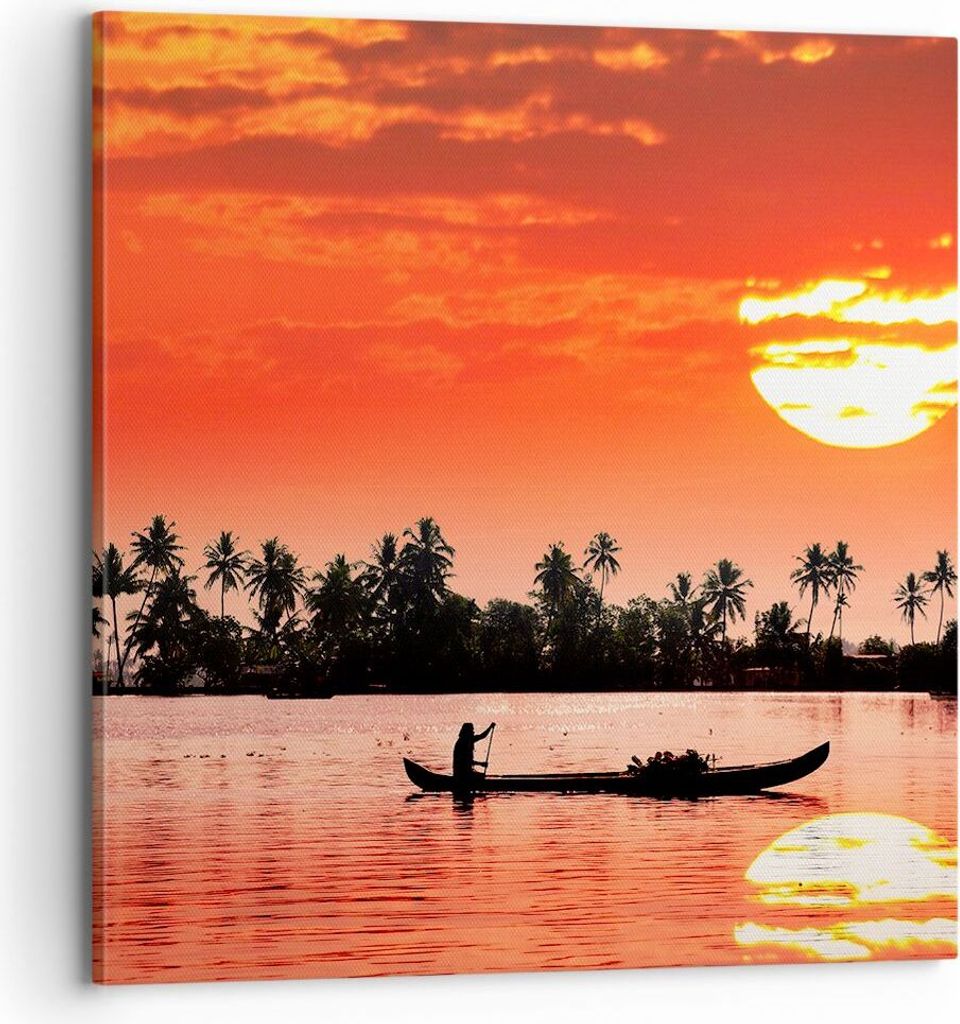 Bild auf Leinwand - Leinwandbild - Kanal boot kultur sonnenuntergang - 70x70cm - Wand Bild - Wanddeko - Leinwanddruck - Bilder - Kunstdruck - Leinw...