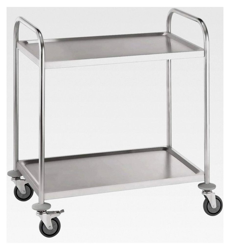 Edelstahl Servierwagen mit 4 schwenkbaren Rollen und Rammschutz, 2 Borde, 85 cm Länge, 54 cm Breite, 94 cm Höhe