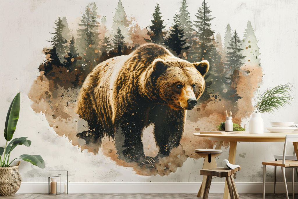 Braunbär in einer strukturierten Waldszene – Decords Wandtattoo, Produktansicht 1