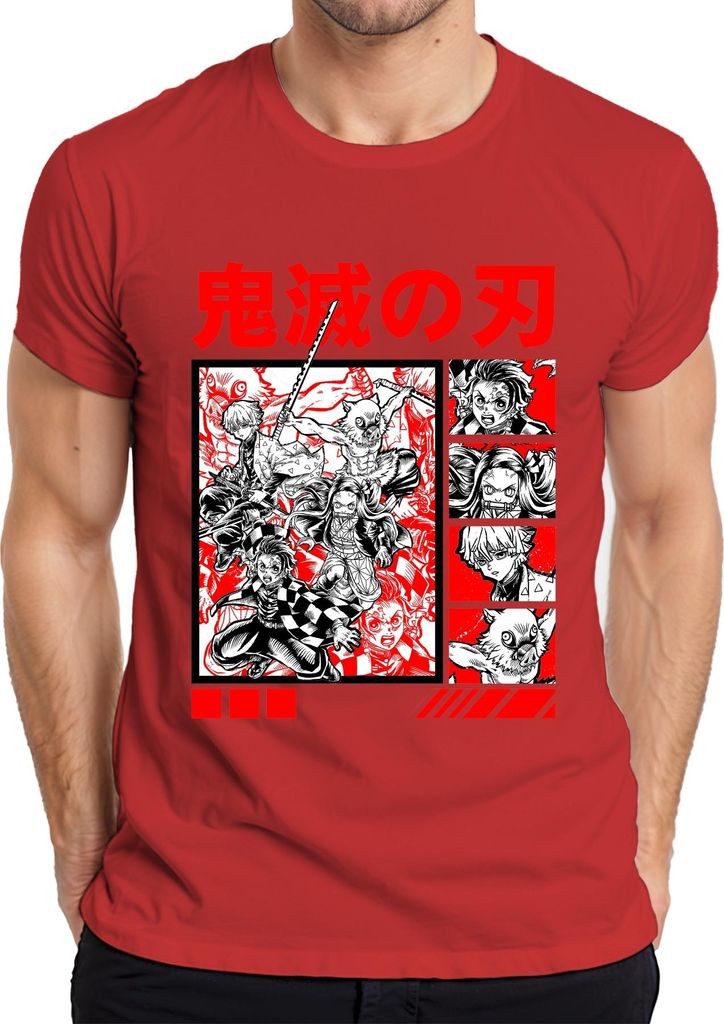 鬼滅の刃 Dämonenjäger Anime Manga Tanjiro Nezuko Inosuke Zenitsu Rot Herren T-Shirt, Rot, S